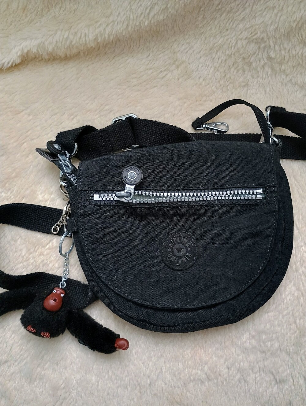 Kipling Black Crinkle Nylon Curved Crossbody Bag